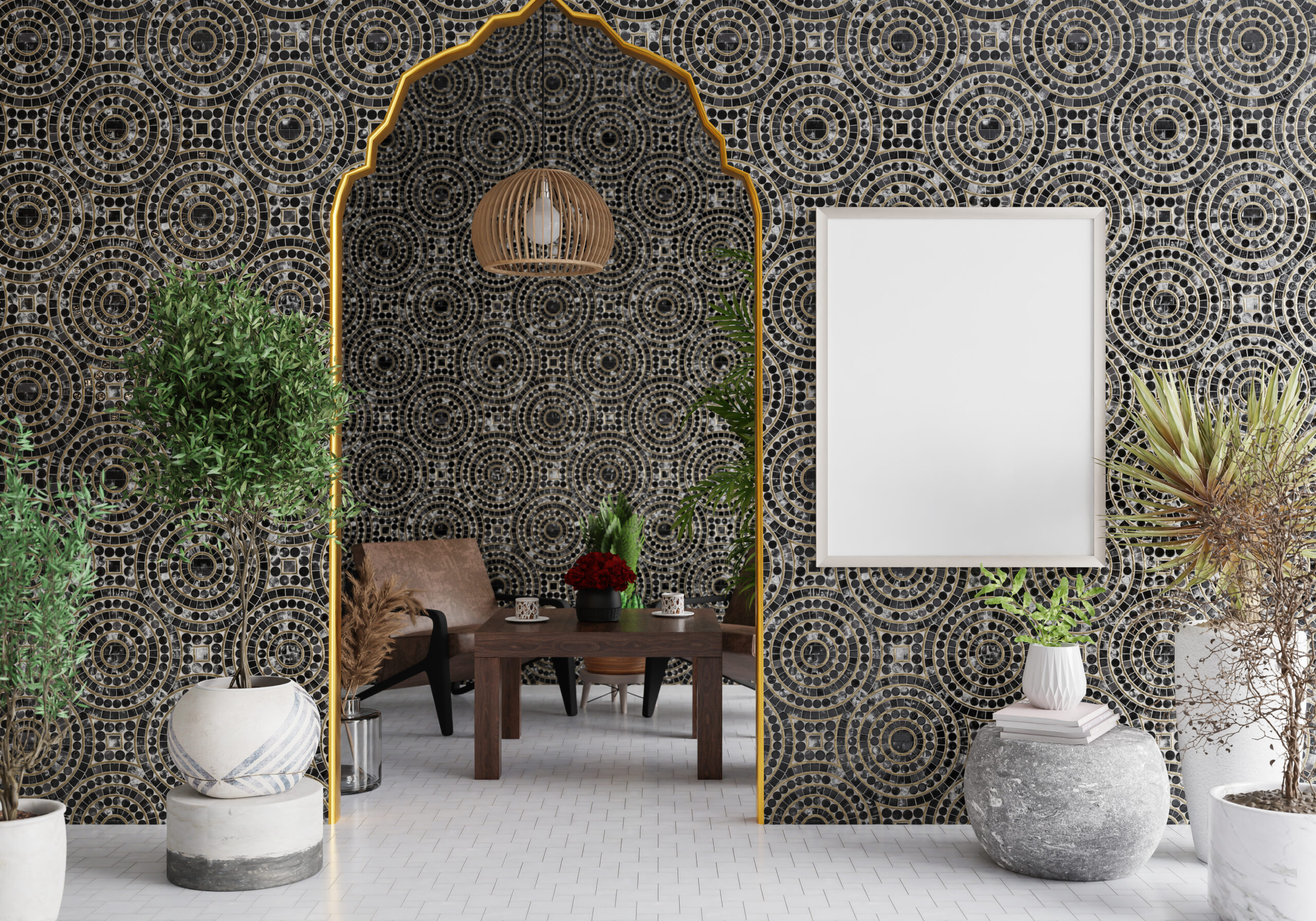 3D illustration, Mockup photo frame on the wall of living room, Interior of comfortable with luxury sofa and beautiful furniture, rendering