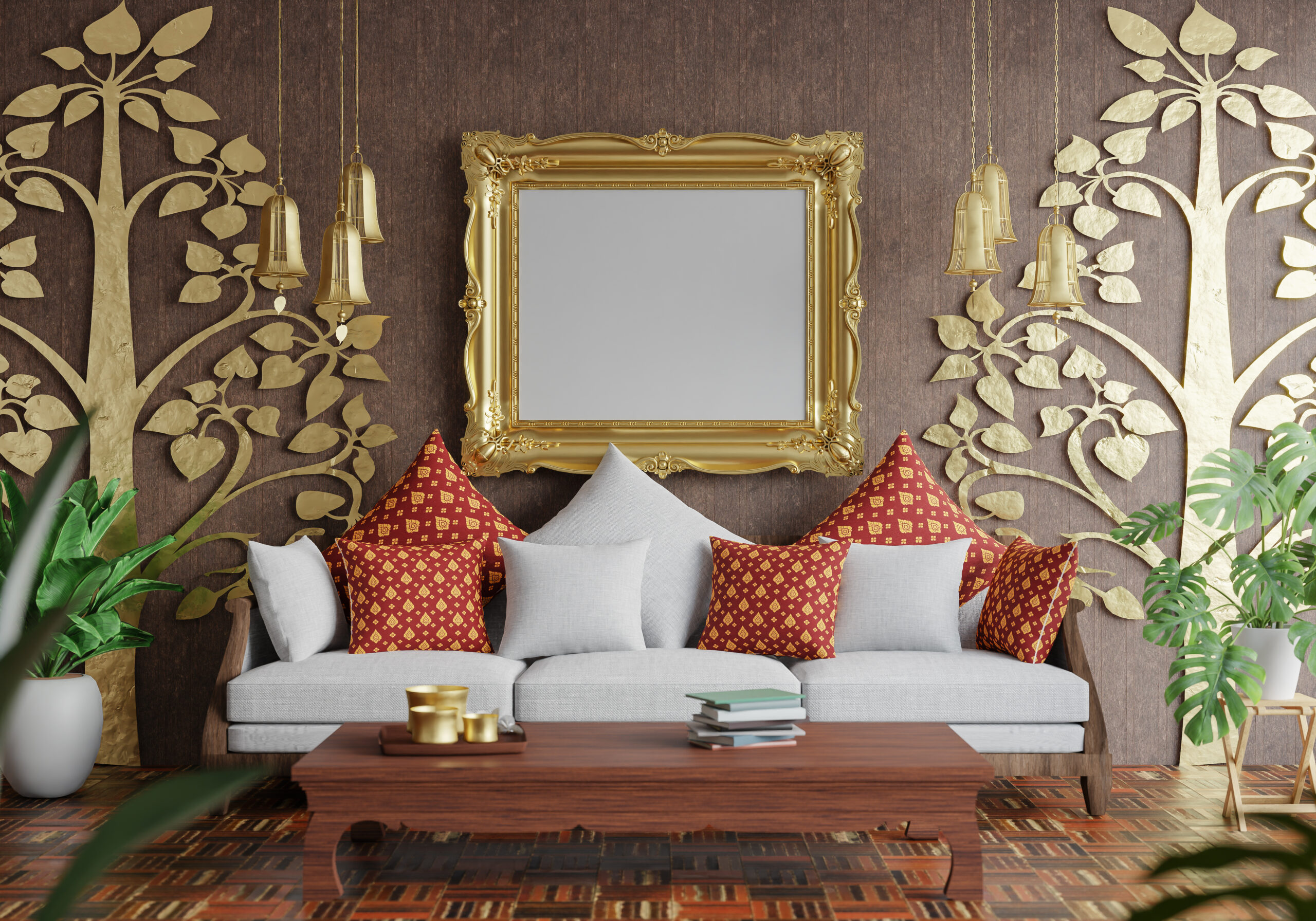 3D illustration, Mockup photo frame on the wall of lounge or living room, Interior of comfortable with luxury and beautiful furniture, rendering